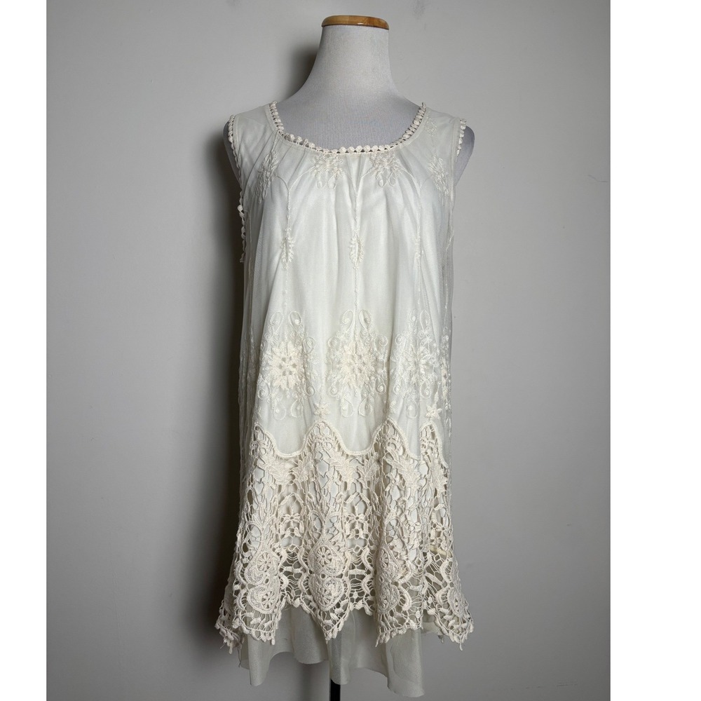 Cal‎ Style Ivory Crochet Lace Tunic Dress Large Boho Fairy Mesh Romantic Cottage